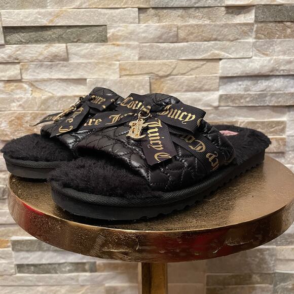 Juicy Couture M Black Faux Fur Slippers | Gold Script Logo, Cozy Y2K Glam - Picture 6 of 8